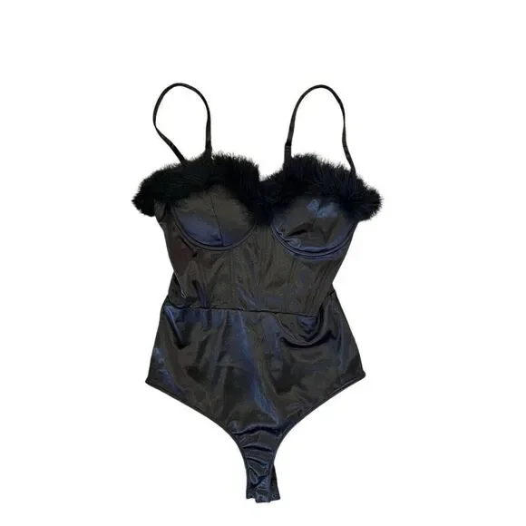 NWT Windsor Black Satin Bodysuit With Black Feather Detail Women’s L - Picture 3 of 11